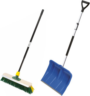 Sneeuwschep blauw telescopisch 120 - 160 cm + harde bezem telescopisch 80 - 130 cm