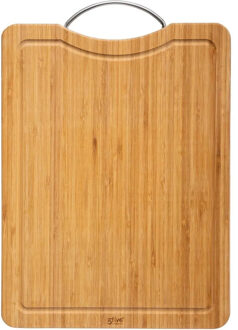 Snijplank met metalen handvat 42 x 30 cm van bamboe hout - Snijplanken Bruin