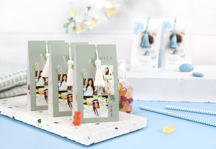 Snoepzakje met fotoverpakking en magnolia kwastje - Set van 12