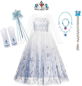 Snow Queen 2 Halloween Party Costume for Girls White Elsa Long Dress Princess Pretend Frocks Long Sleeve Snowflake Print Vestido
