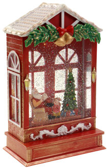 Snowglobe glitter lantaarn - kerstman huis - 25,5 cm - licht en muziek - Sneeuwbollen Rood