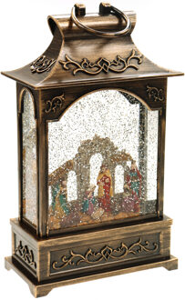 Snowglobe glitter lantaarn met kerststalletje - 28 cm - met licht - Sneeuwbollen Bruin