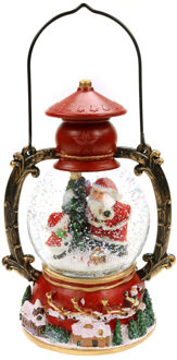 Snowglobe glitter lantaarn - rood - kerst scene - D10 x H21 cm - met licht en muziek