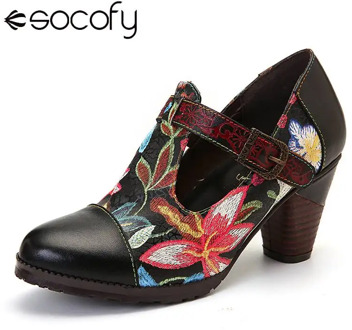 SOCOFY Folkways Colorful Flowers Stitching Genuine Leather Retro T-Strap Dress Pumps For Women Shoes Women Botines Mujer 2020