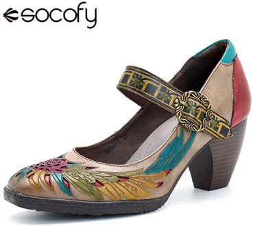 Socofy Retro Pumps Women Shoes Genuine Leather Buckle Mary Jane Shoes Heels Summer Spring Vintage Party Wedding Ladies Shoes New