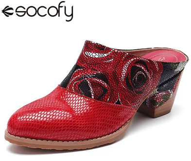 SOCOFY Rose Pattern Genuine Leather Comfortable Stitching Low Heel Slip On Pumps Bohemian Splicing Ladies Shoes Woman Zapatos Ne