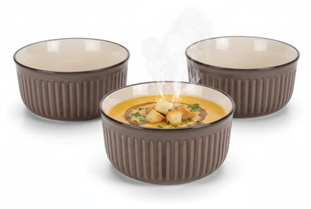Soepkom Striped - 2x - bruin - 14 x 7 cm - keramiek - kommetjes - 500 ml