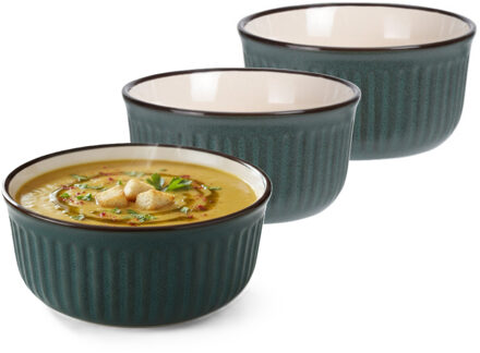 Soepkom Striped - 2x - donkergroen - 14 x 7 cm - keramiek - kommetjes - 500 ml