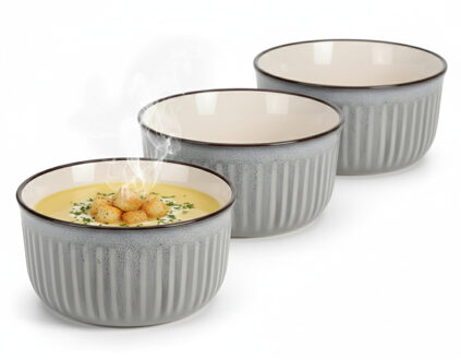 Soepkom Striped - 2x - lichtgrijs - 14 x 7 cm - keramiek - kommetjes - 500 ml