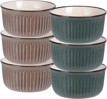 Soepkom Striped - set 6x - bruin / groen - 14 x 7 cm - keramiek - kommetjes