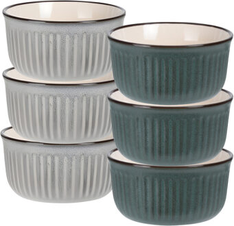 Soepkom Striped - set 6x - grijs / groen - 14 x 7 cm - keramiek - kom