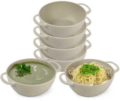 Soepkommen met hengsels - 12x - Campinglife - kunststof - D11 x H5 cm - beige - Stapelbaar