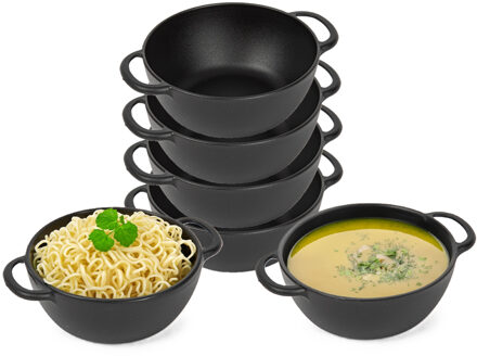 Soepkommen met hengsels - 12x - Campinglife - kunststof - D11 x H5 cm - zwart - Stapelbaar