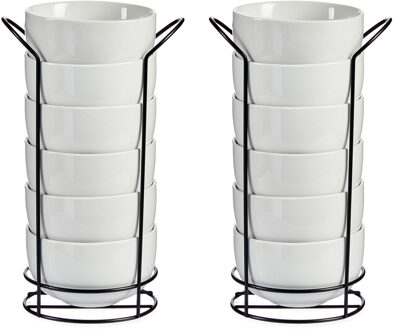 Soepkommen/serveer schaaltjes - 12x - Madras - porselein - D15 x H8 cm - wit - In stapelrek van meta