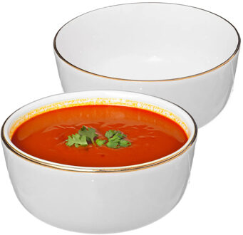 Soepkommen/serveer schaaltjes - 2x - Corona - keramiek - D15 x H6.6 cm - wit/goud - Stapelbaar