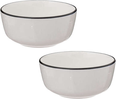 Soepkommen/serveer schaaltjes - 2x - Corona - porselein - D15 x H6.5 cm - wit/zwart - Stapelbaar