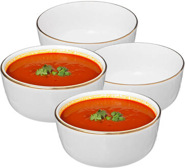 Soepkommen/serveer schaaltjes - 4x - Corona - keramiek - D15 x H6.6 cm - wit/goud - Stapelbaar