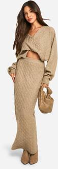 Soft Cable Twist Front Crop Sweater And Maxi Skirt Set, Mocha