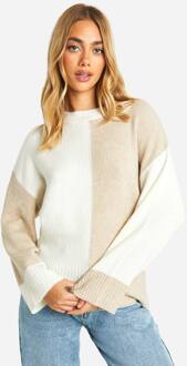 Soft Knit Colour Block Oversized Trui, Stone - M