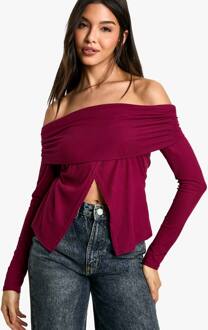 Soft Rib Bardot Top Met Split Zoom, Burgundy - 40