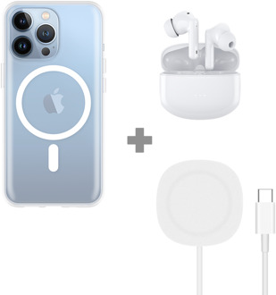 Soft TPU Hoesje met Magnetische Ring geschikt voor iPhone 13 Pro - Transparant + 2 in 1 Magnetische Draadloze Charger Pad 15W - Wit + Draadloze Oordopjes met Active Noise Cancelling - Wit (met oplaadcase)