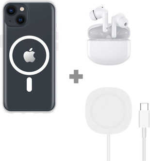 Soft TPU Hoesje met Magnetische Ring geschikt voor iPhone 13 - Transparant + 2 in 1 Magnetische Draadloze Charger Pad 15W - Wit + Draadloze Oordopjes met Active Noise Cancelling - Wit (met oplaadcase)