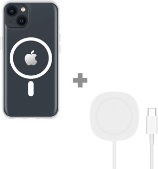 Soft TPU Hoesje met Magnetische Ring geschikt voor iPhone 13 - Transparant + 2 in 1 Magnetische Draadloze Charger Pad 15W - Wit