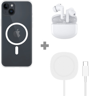 Soft TPU Hoesje met Magnetische Ring geschikt voor iPhone 14 Plus - Transparant + 2 in 1 Magnetische Draadloze Charger Pad 15W - Wit + Draadloze Oordopjes met Active Noise Cancelling - Wit (met oplaadcase)