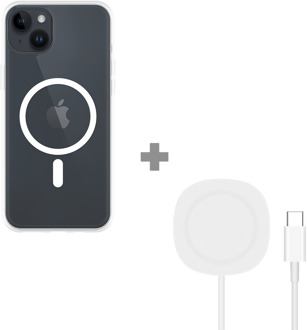 Soft TPU Hoesje met Magnetische Ring geschikt voor iPhone 14 Plus - Transparant + 2 in 1 Magnetische Draadloze Charger Pad 15W - Wit