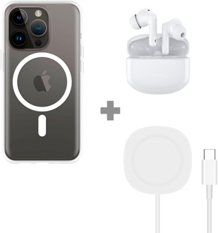 Soft TPU Hoesje met Magnetische Ring geschikt voor iPhone 14 Pro - Transparant + 2 in 1 Magnetische Draadloze Charger Pad 15W - Wit + Draadloze Oordopjes met Active Noise Cancelling - Wit (met oplaadcase)
