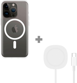 Soft TPU Hoesje met Magnetische Ring geschikt voor iPhone 14 Pro - Transparant + 2 in 1 Magnetische Draadloze Charger Pad 15W - Wit