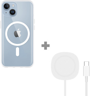 Soft TPU Hoesje met Magnetische Ring geschikt voor iPhone 14 - Transparant + 2 in 1 Magnetische Draadloze Charger Pad 15W - Wit