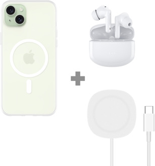Soft TPU Hoesje met Magnetische Ring geschikt voor iPhone 15 Plus - Transparant + 2 in 1 Magnetische Draadloze Charger Pad 15W - Wit + Draadloze Oordopjes met Active Noise Cancelling - Wit (met oplaadcase)