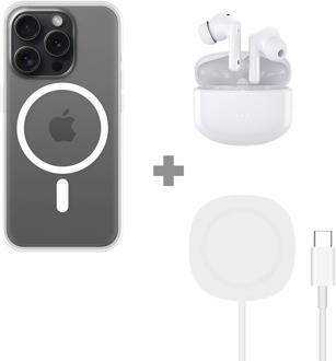 Soft TPU Hoesje met Magnetische Ring geschikt voor iPhone 15 Pro - Transparant + 2 in 1 Magnetische Draadloze Charger Pad 15W - Wit + Draadloze Oordopjes met Active Noise Cancelling - Wit (met oplaadcase)