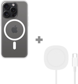 Soft TPU Hoesje met Magnetische Ring geschikt voor iPhone 15 Pro - Transparant + 2 in 1 Magnetische Draadloze Charger Pad 15W - Wit