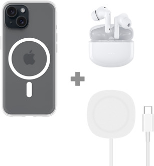 Soft TPU Hoesje met Magnetische Ring geschikt voor iPhone 15 - Transparant + 2 in 1 Magnetische Draadloze Charger Pad 15W - Wit + Wireless ANC Earbuds - White