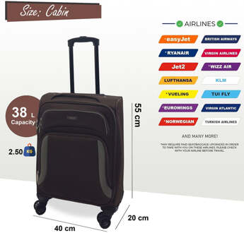 Softshell cabinekoffer 55 x 40 x 20 cm lichtgewicht bagage geschikt voor Easyjet, Ryanair Bruin