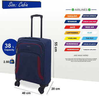 Softshell cabinekoffer 55 x 40 x 20 cm lichtgewicht bagage geschikt voor Easyjet, Ryanair Navy