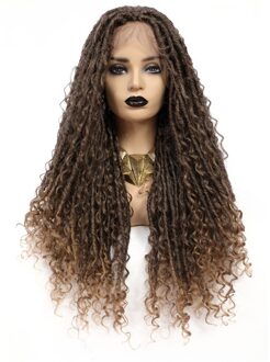 Soku Gevlochten Pruiken Lace Front Pruiken Met Krullend Faux Locs Gehaakte Vlecht Haar Ombre Bruin Synthetische Dreadlock Pruik Voor Vrouwen 28 Inch MT4-27