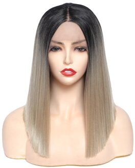 Soku Synthetische Pruiken Korte Bob Light Grey Steil Haar Voor Vrouwen 14 Inches Ombre Grijs Lace Pruik Hittebestendige Midden deel Pruiken BOM LATTE