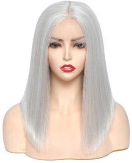 Soku Synthetische Pruiken Korte Bob Light Grey Steil Haar Voor Vrouwen 14 Inches Ombre Grijs Lace Pruik Hittebestendige Midden deel Pruiken licht grijs