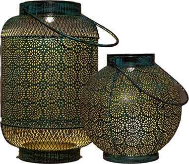 solar lantaarn set - 2-delig - antiek - turquoise - metaal - Lantaarns