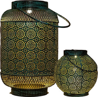 solar lantaarn set - 2-delig - antiek - turquoise - metaal - Lantaarns