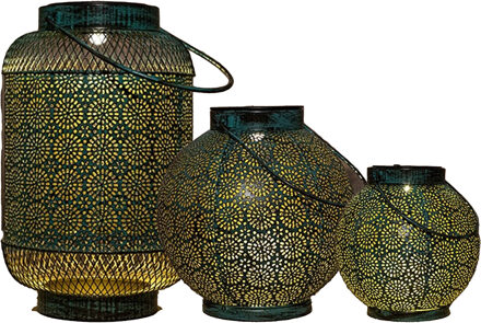solar lantaarn set - 3-delig - antiek - turquoise - metaal - Lantaarns