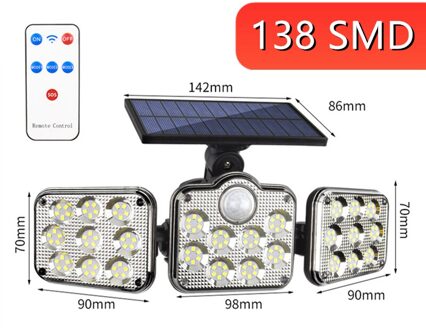 Solar Led Light Outdoor Motion Sensor Zonne-energie Tuin Lamp 3 Heads Afstandsbediening Waterdichte Wandlamp Voor Tuin Straat stijl 1-Integrated