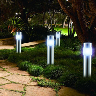 Solar LED Tuinverlichting | Set van 4 | Padverlichting met Lichtsensor | RVS Tuinlampen | Zonne-energie | Draadloos | 8-10 Branduren | 27 cm