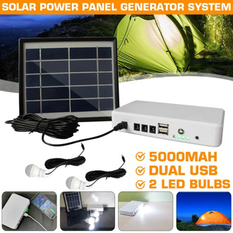 Solar Panel Generator Lighting Kit USB Solar Charger with 2 LED Light Bulb Emergency Light +5V 1.5A Output Phone Charger