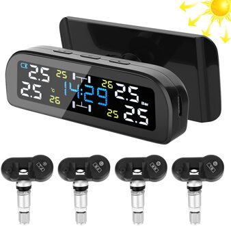 Solar Tpms Bandenspanningscontrolesysteem Auto Tyre Pressure Monitor Met Digitale Klok Digitale Lcd Display Bandenspanning Alarm