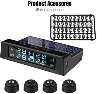 Solar Tpms Met Tyre Pressure Sensor Parkeerkaart Bandenspanningscontrolesysteem Lcd Usb Opladen Externe Sensoren