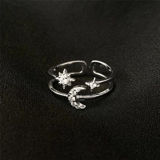 Sole Memory Double Layer Stars Moon Zircon Shiny Cool 925 Sterling Silver Female Resizable Opening Rings SRI560